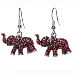 Silver Elephant Red Rhinestones Good Luck Woman’s Pierced Earrings Jewelry